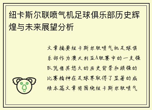 纽卡斯尔联喷气机足球俱乐部历史辉煌与未来展望分析