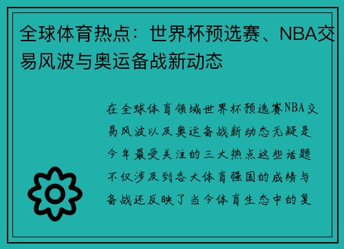 全球体育热点：世界杯预选赛、NBA交易风波与奥运备战新动态